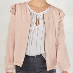 Ladies Blush Bomber Jacket Rose Gold Ruffle Detail